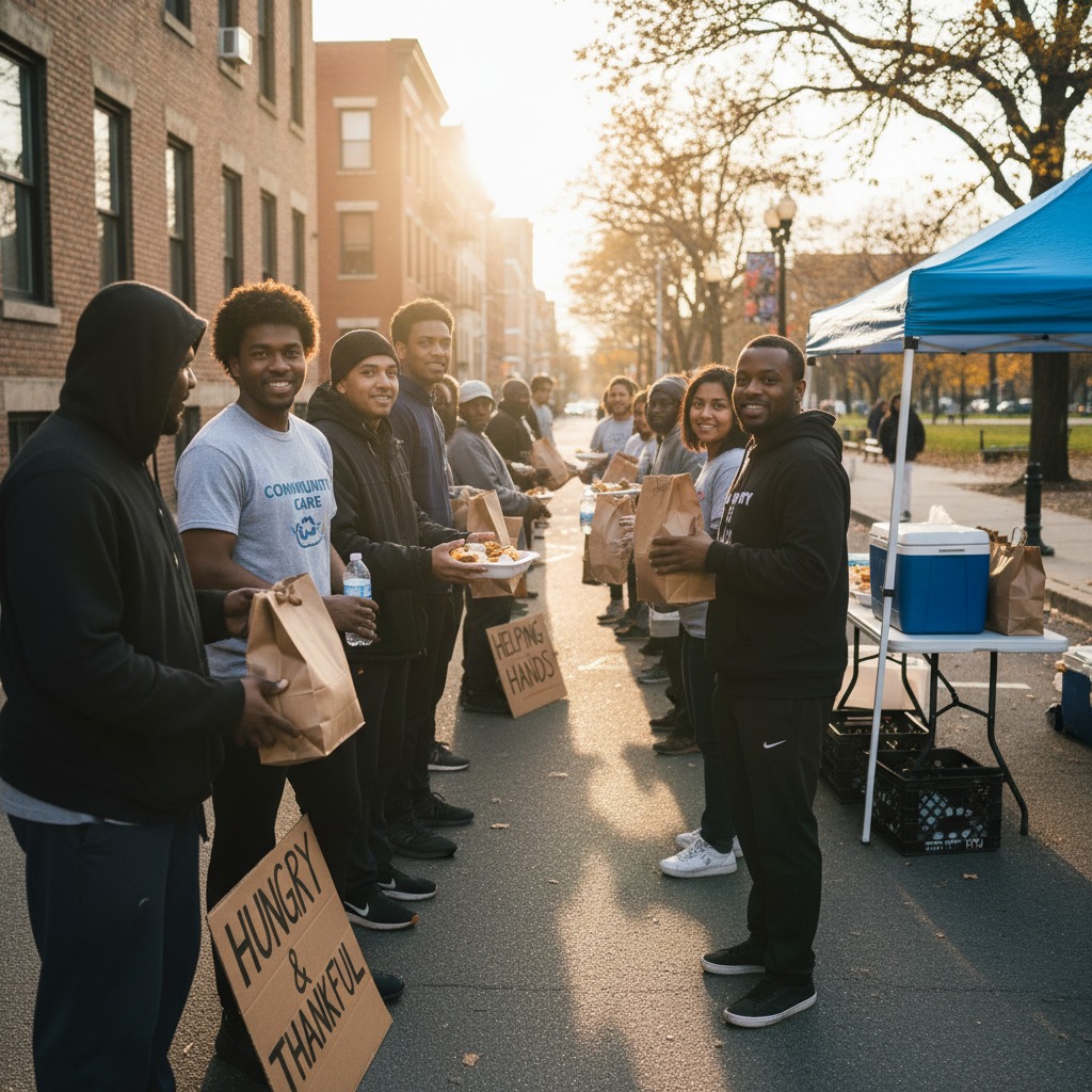 A group of volunteers stands in a line on a city street, handing out food in paper bags to people from a table set up under a blue canopy.